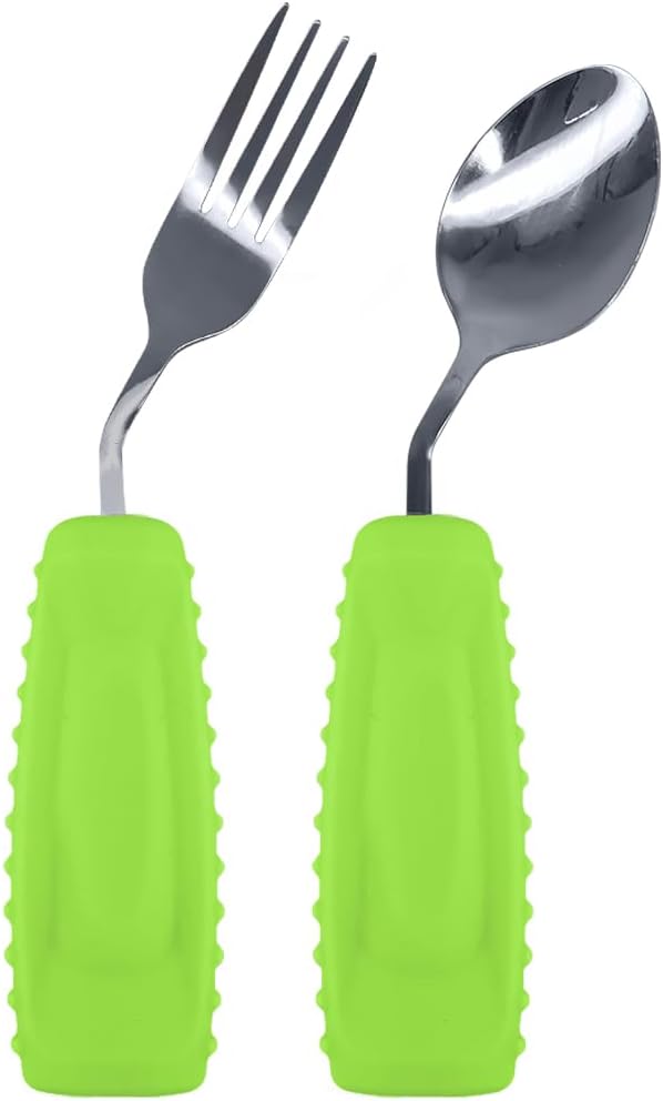 EZ Assistive Adaptive Utensils Spoon & Fork Easy to Hold for Independent Eating, Weighted Utensils for Hand Tremors
