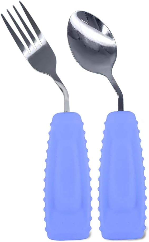 Adaptive Utensils Set – Ergonomic Angled Fork & Spoon for Parkinson's, Tremors, and Stroke Recovery – Weighted Utensils for Hand Tremors, Non-Slip Silicone Grip, Dishwasher Safe