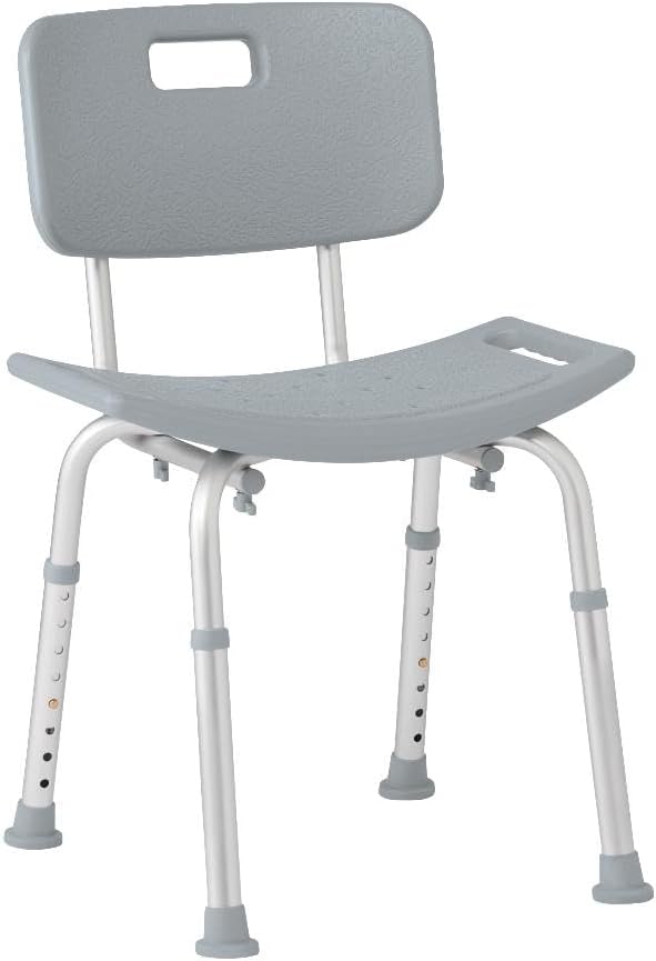 Dr. Dunley Bath Chair for Seniors, Shower Seat with Back, Suction Feet, Non-Slip Adjustable Height Shower Bench for Elderly, Disabled, 400 lb Weight Capacity, Gray Bathroom Stool for Tub or Shower