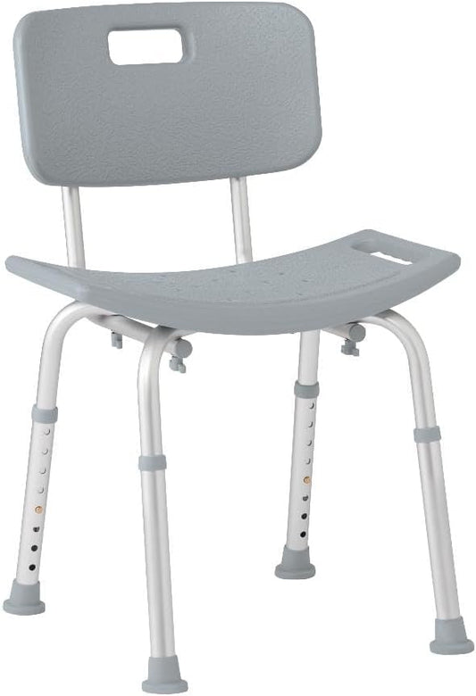 Dr. Dunley Bath Chair for Seniors, Shower Seat with Back, Suction Feet, Non-Slip Adjustable Height Shower Bench for Elderly, Disabled, 400 lb Weight Capacity, Gray Bathroom Stool for Tub or Shower