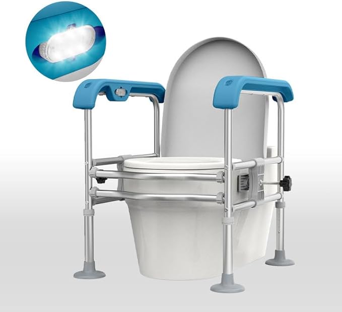 Toilet Safety Rail for Seniors with Sensor Light - Heavy Duty 300 Lbs, Universal Fit, Non-Slip Standing Aid, Included Storage Bag (Blue-Grey)