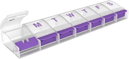 EZY DOSE Weekly (7-Day) AM/PM Daily Pill Organizer, Vitamin Case, and Medicine Container, X-Large Compartments, Arthritis Friendly, Convenient with Effortless Portability, Clear/Purple Lids, BPA Free