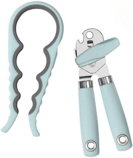 Tovolo Can and Jar Opener Set Manual Handheld Kitchen Tool with Comfort Grip Handles, Easy to Use Stainless Steel Jar and Smooth Edge Can Opener with Built In Bottle Cap Lifter, Blue Haze