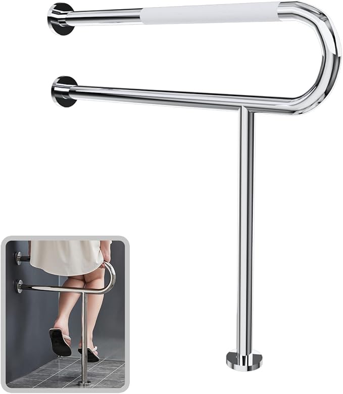 31.5" x 27.5" Floor to Wall Toilet Support Rail with Leg, Anti-Slip Chrome Handicap Grab Bar for Bathroom, Stainless Steel Knurled Safety Handrails, 1.25" Tube for Elderly, Disabled, Pregnant