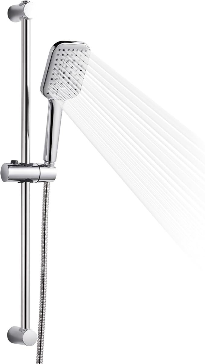 OFFO Shower Slide Bar Combo, Adjustable 27 in Slide Bar with 3-Mode Square Handheld Shower Head and 60 in Stainless Steel Hose, Screw Wall Mounted, Chrome Finish