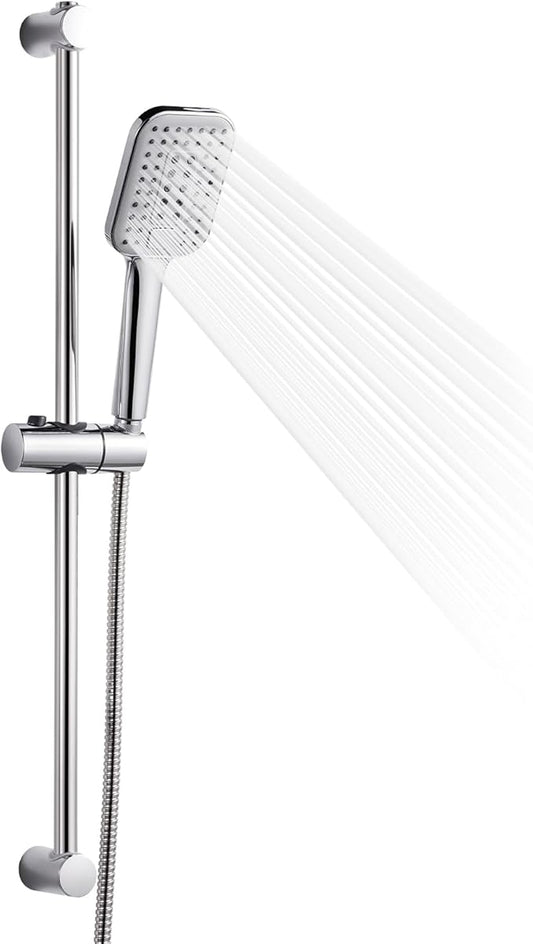 OFFO Shower Slide Bar Combo, Adjustable 27 in Slide Bar with 3-Mode Square Handheld Shower Head and 60 in Stainless Steel Hose, Screw Wall Mounted, Chrome Finish