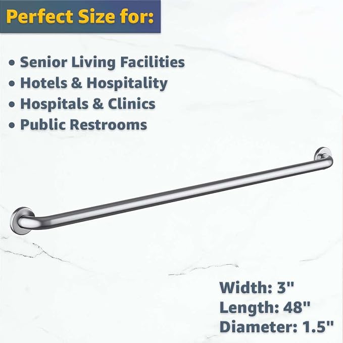 48" Restroom Grab Bar - Stainless Steel Wall Mounted Bathroom Safety Rail for Elderly, Shower or Toilet Use - 250 lb Weight Capacity - Commercial Grade Straight Grab Bar with Satin Finish