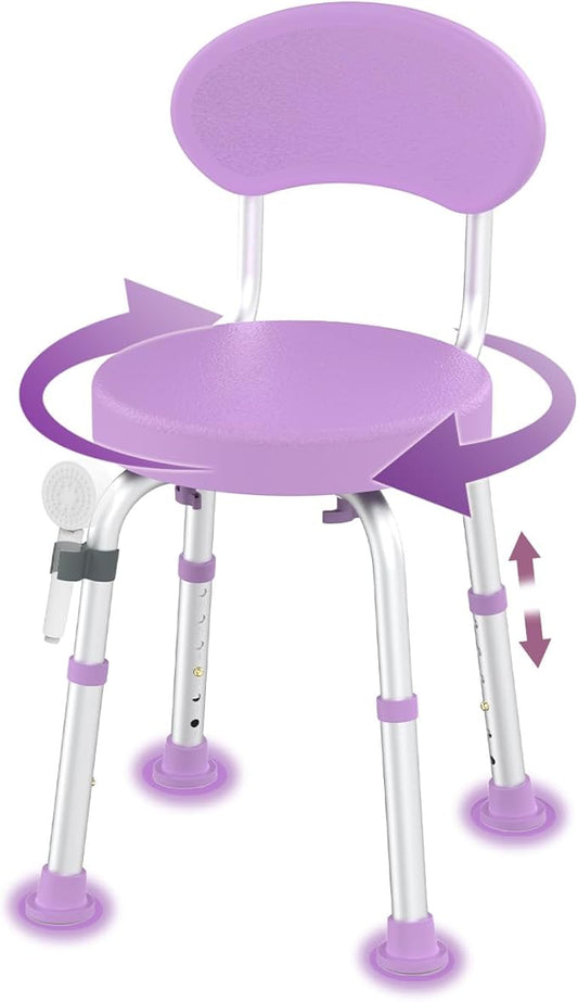 Swivel Shower Chair, 360° Non-Slip Shower Seat with Backrest for Elderly and Disabled, Height Adjustable Rotating Tub Bench for Seniors Bathroom Inside Shower with Compact Frame (Purple)