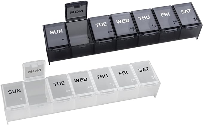EZY DOSE Weekly (7-Day) Daily Pill Organizer, Vitamin Planner, and Medicine Container, Large Compartments, Easy to Open, Travel Friendly, Includes One Black and One White (2 Pack), Made in The USA