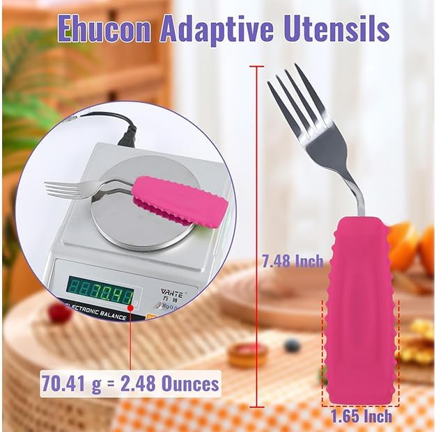 Adaptive Utensils Angled Spoon and Fork for Hand Tremors Parkinsons,Weighted Utensils with Non-Slip Easy Grip Handles for Independent Eating (1pcs Spoon+1pcs Fork=2 pcs,Pink,Right Hand)