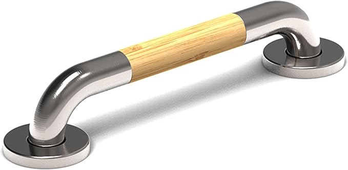 Safety Grab Bar for Bathroom & Toilet, Natural Bamboo Handle, ADA Compliant Balance Assist Handrail for Handicap and Seniors, 12in Brushed Nickel