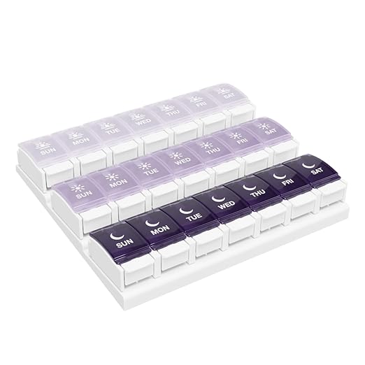 EZY DOSE Weekly (7-Day) Pill Case, Daily Medicine Planner, Vitamin Organizer Container, Large Push Button Compartments, Easy to Use, 3 Times a Day, Spring Open Design, Grayscale Lids, BPA Free