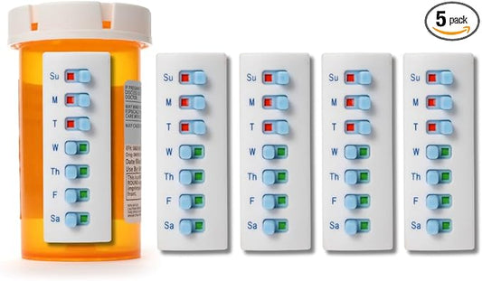 TAKE-N-SLIDE Peel and Stick Reusable for 12 + Refills, Pill/Medication/Vitamin/Pet Med Tracker & Reminder, Attach to Your Bottle, Organizer-Free, Curved‑Back (White, 5-Pack)