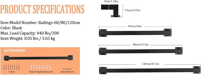 Stair Railing Metal Hand Rails for Indoor Stairs Wall Mount Staircase Handrails 1.25" Pipe Stair Handrail for Steps Black Iron Stairway Railing for Outdoor & Indoor Stairs -32inch