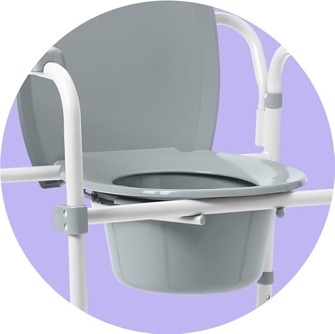Medline 3-in-1 Steel Bedside Commode, Elongated Seat, Sturdy Folding Frame, 7.5 QT. Bucket, 350 lb. Weight Capacity, Clip-on Seat, Easy Cleaning, Tool-Free Assembly, Gray
