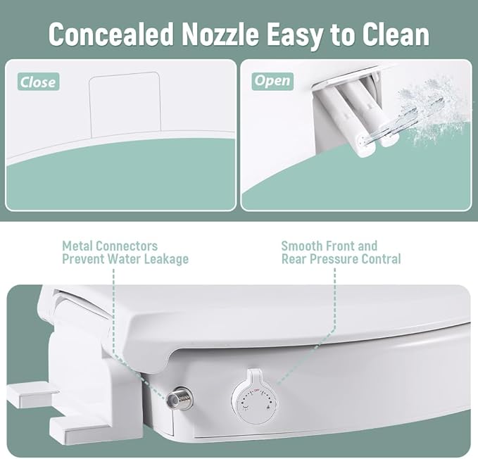Bidet Toilet Seat Elongated, Raised Toilet Seat with Bidet Adjustable Water Pressure with Dual Nozzles, Non-Electric Bidet Toilet Seat Risers for Seniors (Ambient Water), White