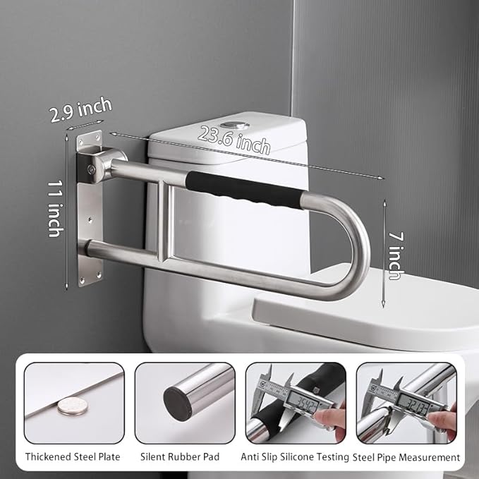 Toilet Grab Bar 23.6 Inch, BVTOURA Flip-Up Safety Rail with Soft Silicone Anti-Slip Finger-Grip Handle and Paper Holder, Stainless Steel U-Shaped Support Bar for Elderly Disabled, Brushed Nickel