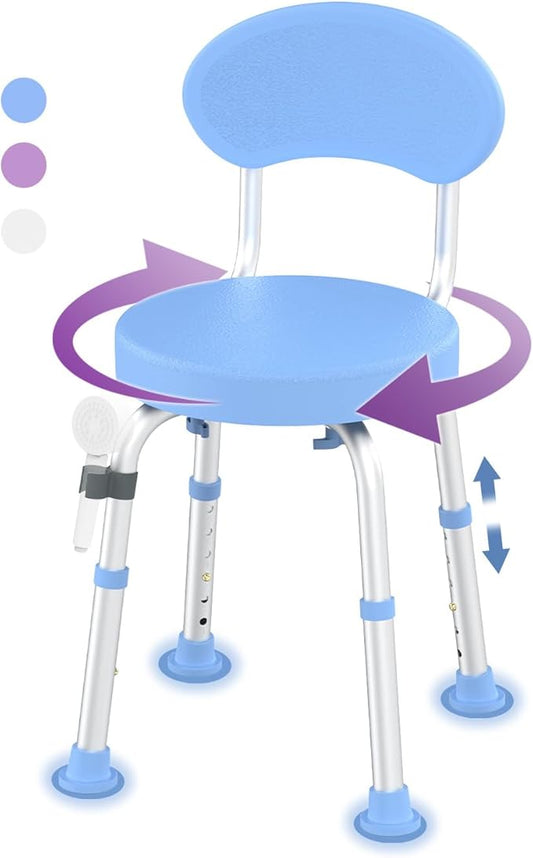 Swivel Shower Chair, 360° Non-Slip Shower Seat with Backrest for Elderly and Disabled, Height Adjustable Rotating Tub Bench for Seniors Bathroom Inside Shower with Compact Frame (Blue)