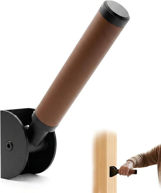 Flip Up Grab Bar for Doorway & Bathroom, Magnetic Folding Safety Handrail for Seniors, 300lbs Wall Mount Assist Handle with Reflective Sticker & Non-Slip Leather Grip, Brown