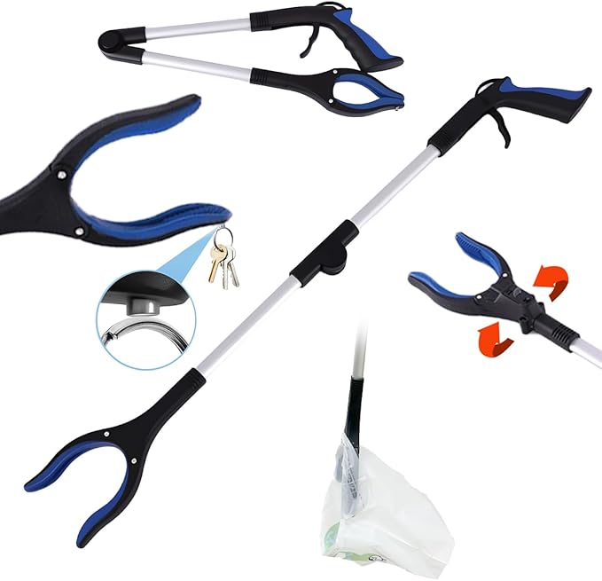 Grabber Reacher Tool, Foldable Pick Up Stick with Poop Bags for Dogs.Includes 360° Rotating Anti-Slip Jaw & Magnet, ldeal for Trash Pickup, Outdoor Dog Walking & SeniorsRecovery, 32 Inch