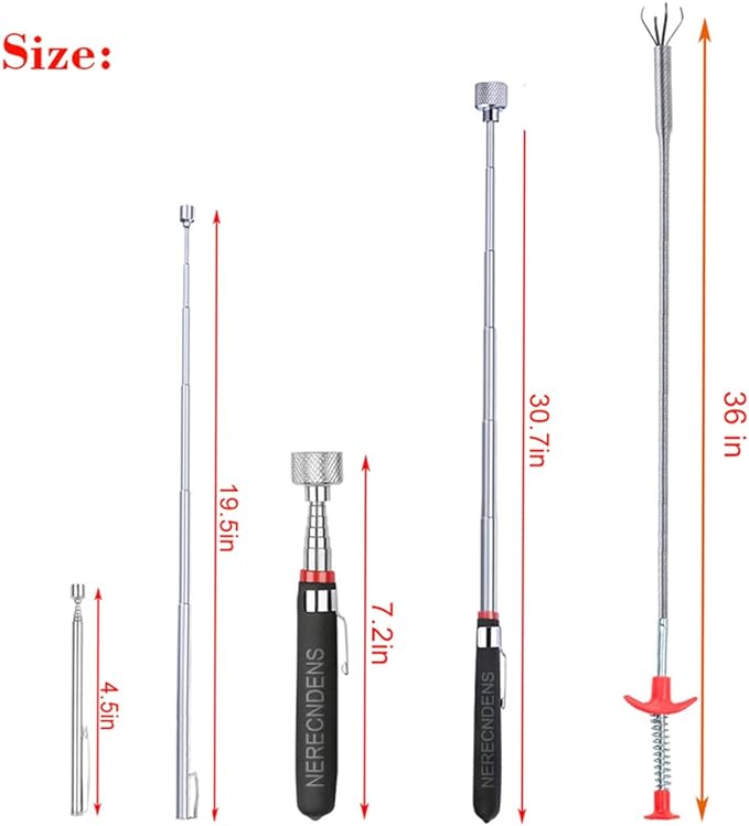 3 Pack Pick-up Tool Set - Extendable Magnetic Pick Up Tools and Flexible Grabber Claw - Retrieving Telescoping Magnet Pickup Tools - Flexible Extra Long Reach Bendable Curve Grabber with 4 Claws