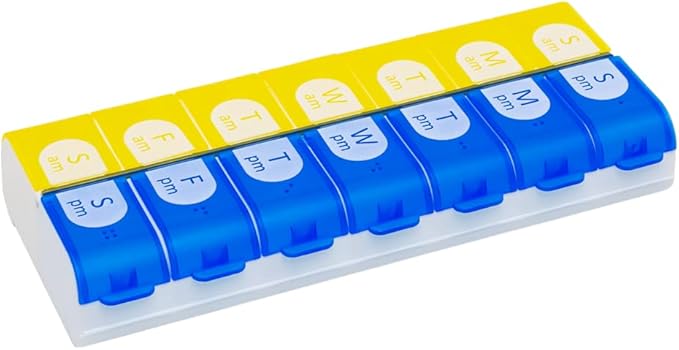 EZY DOSE Pill Organizer Weekly (7-Day), Medicine Planner, Vitamin Box, Daily Planner Case, 2 Times a Day, AM PM, Large Compartments, Easy Fill All Compartments at Once, Blue and Yellow, BPA Free