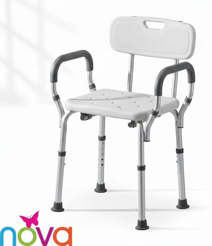 NOVA Bath & Shower Seat with Padded/Removable Arms & Back - for Seniors, Handicap & Medical Use, Adjustable Height, Aluminum Frame, Non-Skid Safety, Tool-Free Assembly, 300lb Weight Capacity