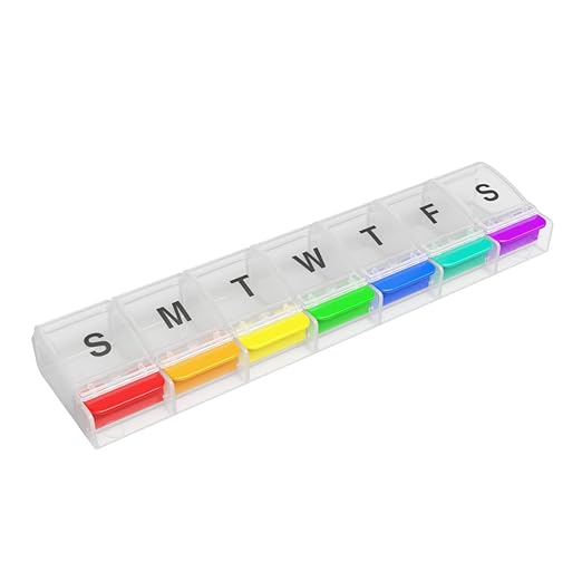EZY DOSE Weekly (7-Day) Pill Case, Medicine Planner, Daily Vitamin Organizer Box, X-Large Push-Button Compartments, Convenient and Easy to Use, Arthritis Friendly, Clear Lids, Rainbow, BPA Free