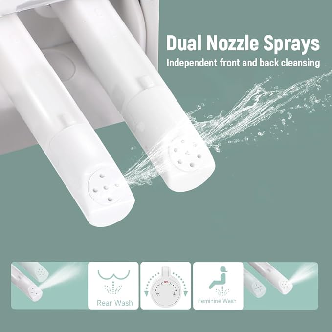 Bidet Toilet Seat Elongated, Raised Toilet Seat with Bidet Adjustable Water Pressure with Dual Nozzles, Non-Electric Bidet Toilet Seat Risers for Seniors (Ambient Water), White