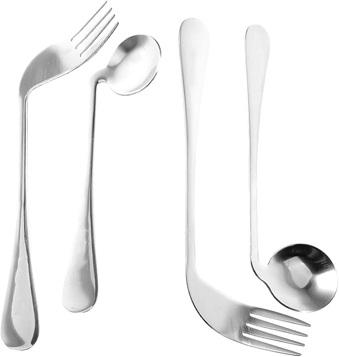 DOITOOL 4 Pcs Curved Feeding Utensils Set Angled Spoon and Fork Adaptive Tableware for Elderly Disabled Self-Feeding Non-Slip Grip Aids for Meal Assistance