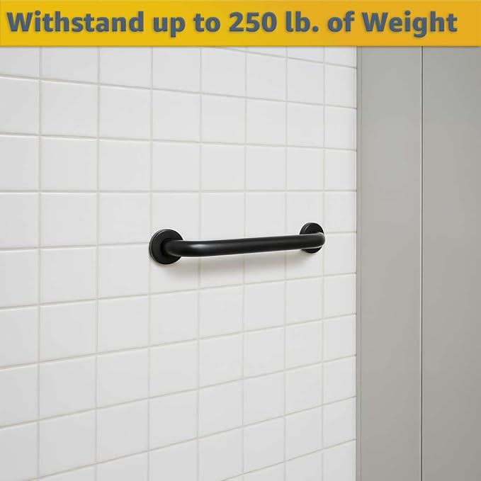 18" Stainless Steel Matte Black Restroom Grab Bar - Wall Mounted Toilet and Shower Safety Bar for Elderly, Slip Prevention Support Handle, Commercial Bathroom Rail, 250 lb Capacity, Mounting Hardware
