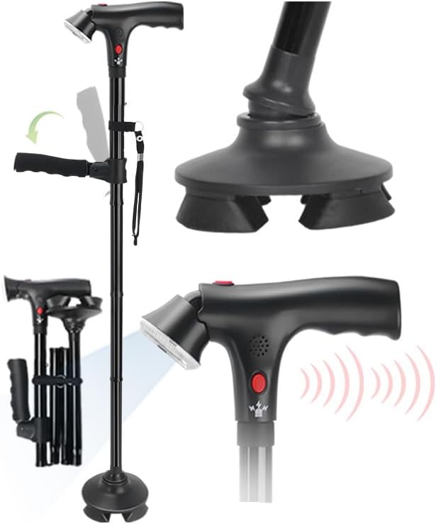 Walking Cane for Men & Women, 3-in-1 Folding Cane with Alarm and Light, Adjustable, Free Standing, Collapsible Walking Stick for Seniors Balance with a Second Handle