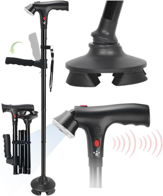 Walking Cane for Men & Women, 3-in-1 Folding Cane with Alarm and Light, Adjustable, Free Standing, Collapsible Walking Stick for Seniors Balance with a Second Handle