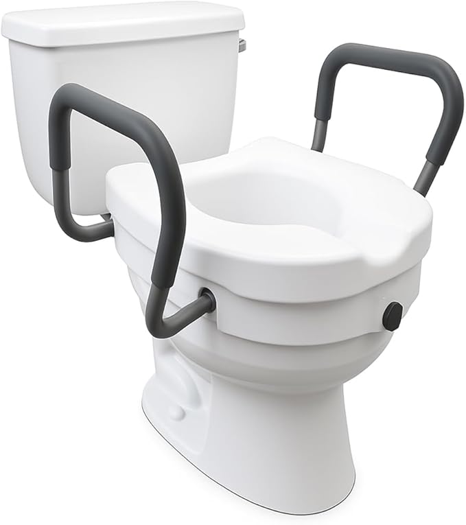 Compass EZ Lock Raised Toilet Seat, Commode Chair for Elderly with Adjustable Armrest, Adds 5 Inches of Height, Portable Seat Riser for Elderly and Handicap, Adult Potty Chair for Seniors, White