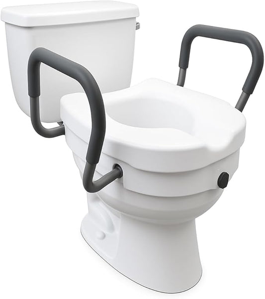 Compass EZ Lock Raised Toilet Seat, Commode Chair for Elderly with Adjustable Armrest, Adds 5 Inches of Height, Portable Seat Riser for Elderly and Handicap, Adult Potty Chair for Seniors, White