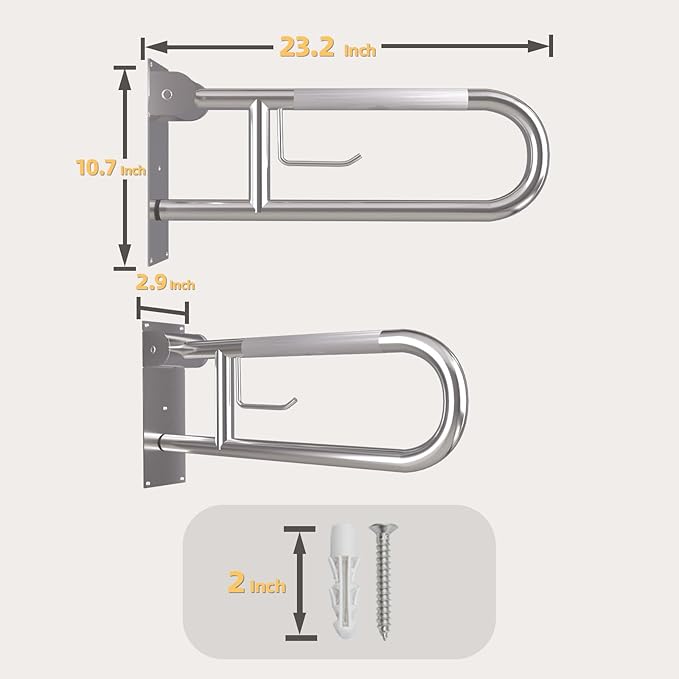 23 Inch Toilet Grab Bar, Flip Up Grab Bar with Paper Holder, Anti-Slip Safety Bars for Toilet, Stainless Steel Knurled Toilet Handles for Seniors Disabled Elderly Pregnant, Brushed Nickel