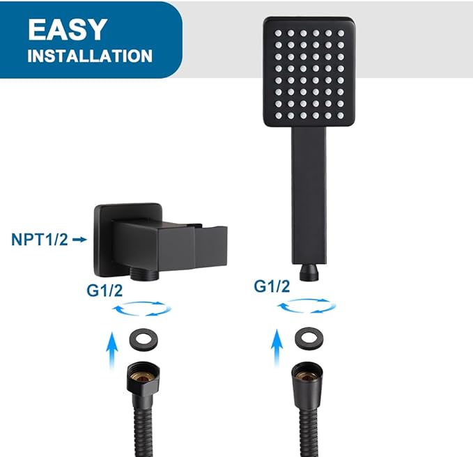 POP SANITARYWARE All Metal Matte Black Handheld Shower Head, Luxury High Pressure Showerhead Kit with Wall Connector and Hose Set, for Bathroom Showering System Contemporary Square Style, Matte Black