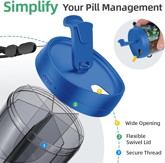 PULIV Portable Pill Dispenser Bottle, Vitamin Organizer with 7 Compartments, Holds Plenty of Supplements with Anti-Mixing & Wide Openings Design, Easy to Retrieve Meds, Includes 20 Labels Royal Blue