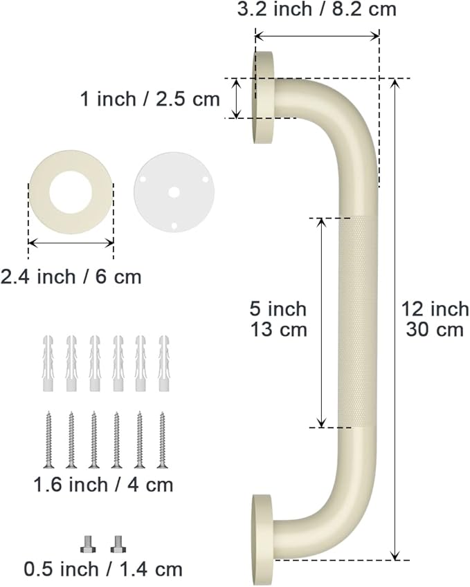 12 Inch Anti Slip Shower Grab Bar Handle Beige White, ZUEXT Stainless Steel Bathroom Grab Bar, Knurled Bathroom Balance Bar, Safety Hand Rail Support,Handicap Elderly Injury Senior Assist Bath Handle