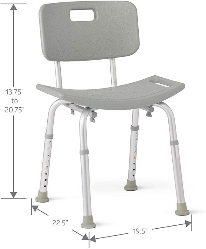 Dr. Dunley Bath Chair for Seniors, Shower Seat with Back, Suction Feet, Non-Slip Adjustable Height Shower Bench for Elderly, Disabled, 400 lb Weight Capacity, Gray Bathroom Stool for Tub or Shower