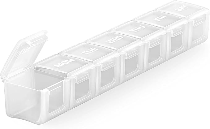 Sukuos Medium Large Weekly Pill Organizer – 7 Day Daily Pill Box, Easy-to-Open Medicine Container with Silkscreen & Clear Lid for Vitamins, Fish Oils or Supplements White