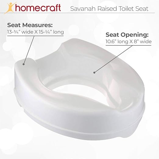 Homecraft Savanah Raised Toilet Seat with Lid, 2" Elevated Seat for Seniors, Universal Fit for Most Standard Toilets, Portable & Tool-Free, Seat Riser, Ergonomic Design, White