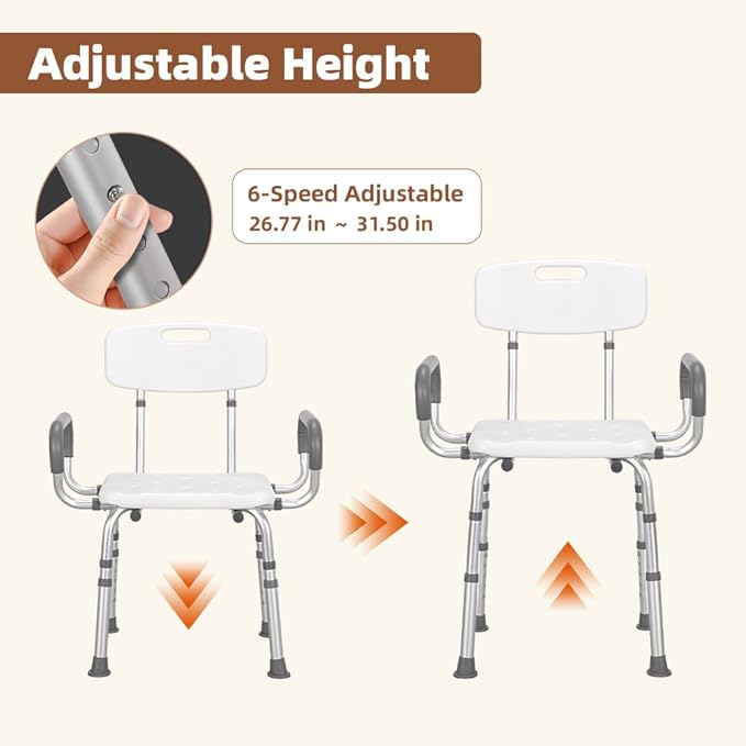 Adjustable-Height Shower Chair for Seniors Features a Sturdy Aluminum Frame, Non-Slip Surface, Drainage Holes, 3 in-1easy Installation, and Supports up to 350 lbs