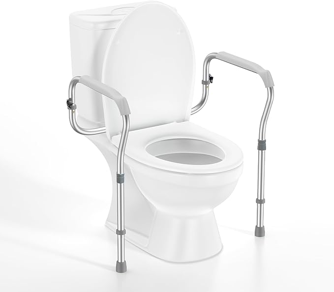 Toilet Safety Rail for Seniors with 2 Reinforced Nuts, Height & Width Adjustable Toilet Safety Frame for Elderly, Handicap & Disabled Bathroom Assist Rail with Armrests 250 LB (Grey)