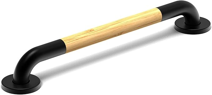 Safety Grab Bar for Bathroom & Toilet, Natural Bamboo Handle, ADA Compliant Balance Assist Handrail for Handicap and Seniors, 18in Matte Black