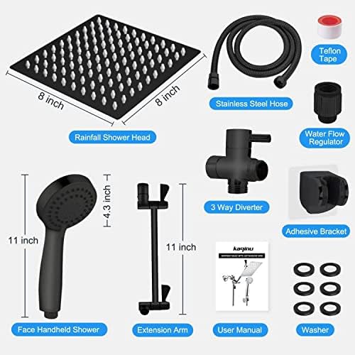 Shower Head, Kaqinu 8'' High Pressure Rainfall Shower Head/Handheld Showerhead Combo with 11” Extension Arm, Anti-leak Shower Head with Holder/Hose, Flow Regulator - Matt Black