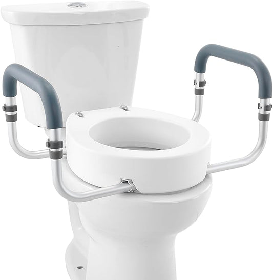 VEVOR Raised Toilet Seat, 3.5" Height Raised, 300 lbs Weight Capacity, for Standard Round Toilet, Aluminum Handrail, with EVA Armrest Padding, for Elderly, Handicap, Patient, Pregnant, Medical