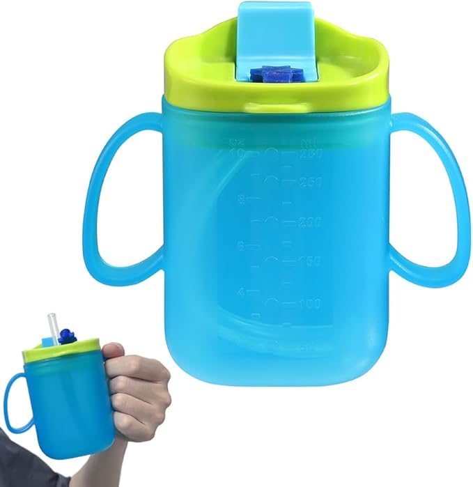 Adult Sippy Cup for Elderly – 10 oz Portable Spill-Resistant Cup with Straw and Easy-Grip Handles – Ideal for Disabled, Dysphagia & Hospital Patients (Blue)