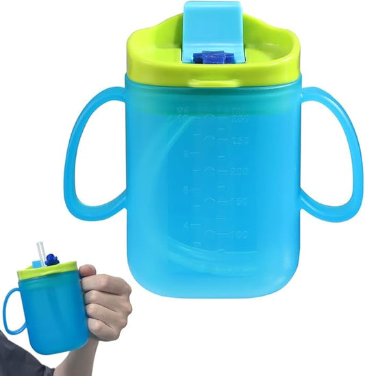 Adult Sippy Cup for Elderly – 10 oz Portable Spill-Resistant Cup with Straw and Easy-Grip Handles – Ideal for Disabled, Dysphagia & Hospital Patients (Blue)