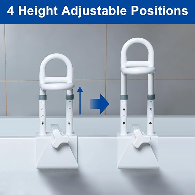 Adjustable Bathtub Safety Rail with Double Grip - Secure Tub Grab Bars for Seniors and Elderly, Fits 3" to 7" Wide Flat Tub Walls, Tool-Free Clamp On Bathroom Support Handle